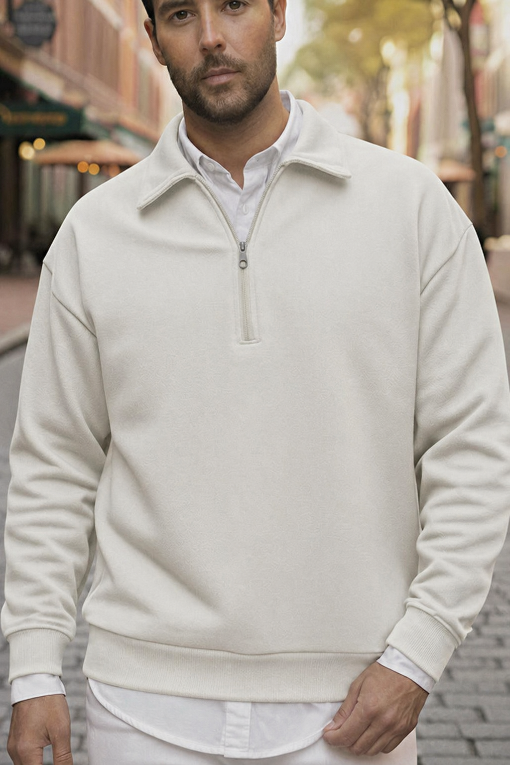 Erkek Ekru Kırık Beyaz Yarım Fermuar Polo Yaka 3 Iplik Içi Polarlı Şardonlu Oversize Sweatshirt