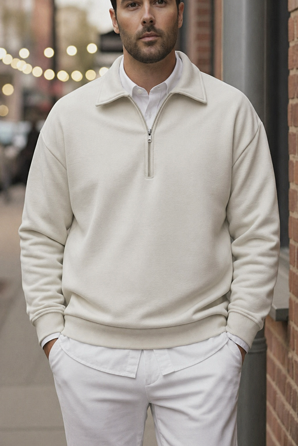 Erkek Ekru Kırık Beyaz Yarım Fermuar Polo Yaka 3 Iplik Içi Polarlı Şardonlu Oversize Sweatshirt