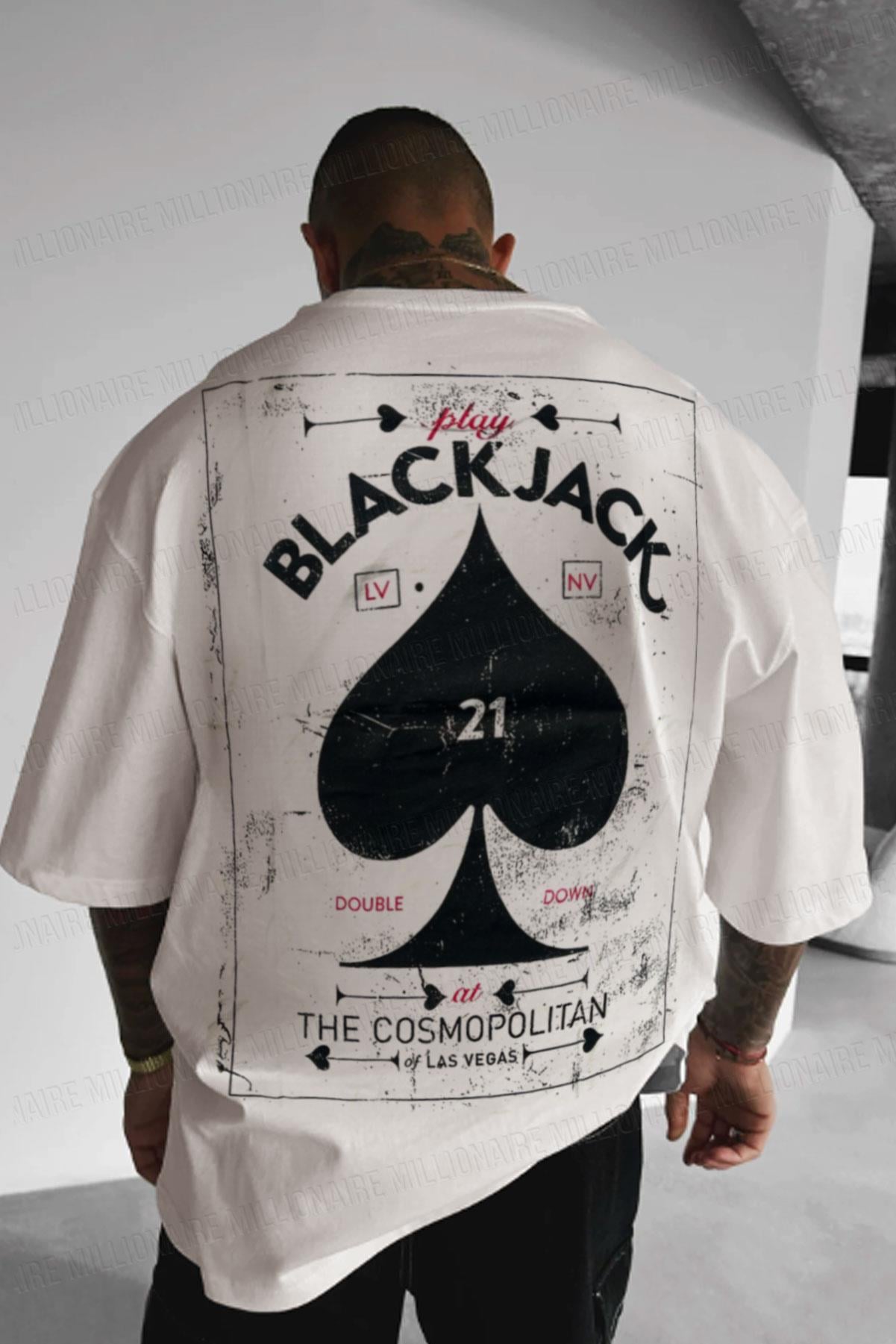 Erkek Beyaz Black Jack Oversize Fit Bol Geniş Kalıp Salaş Kesim T-shirt (Kopya)