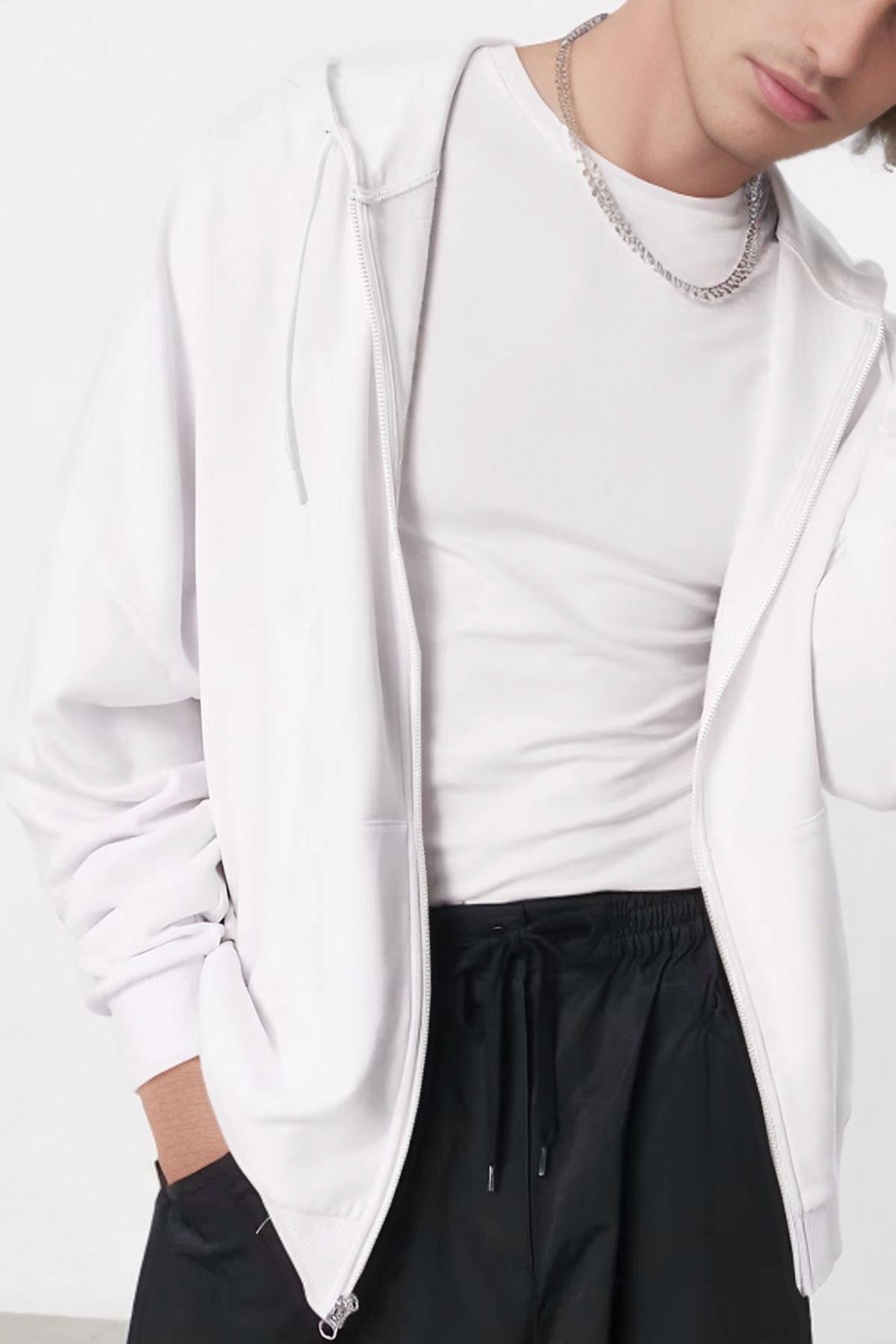 Erkek Beyaz Kapüşonlu Fermuarlı 3 Üç İplik Polar Kanguru Oversize Sweatshirt Zip Up Hoodie (Kopya)