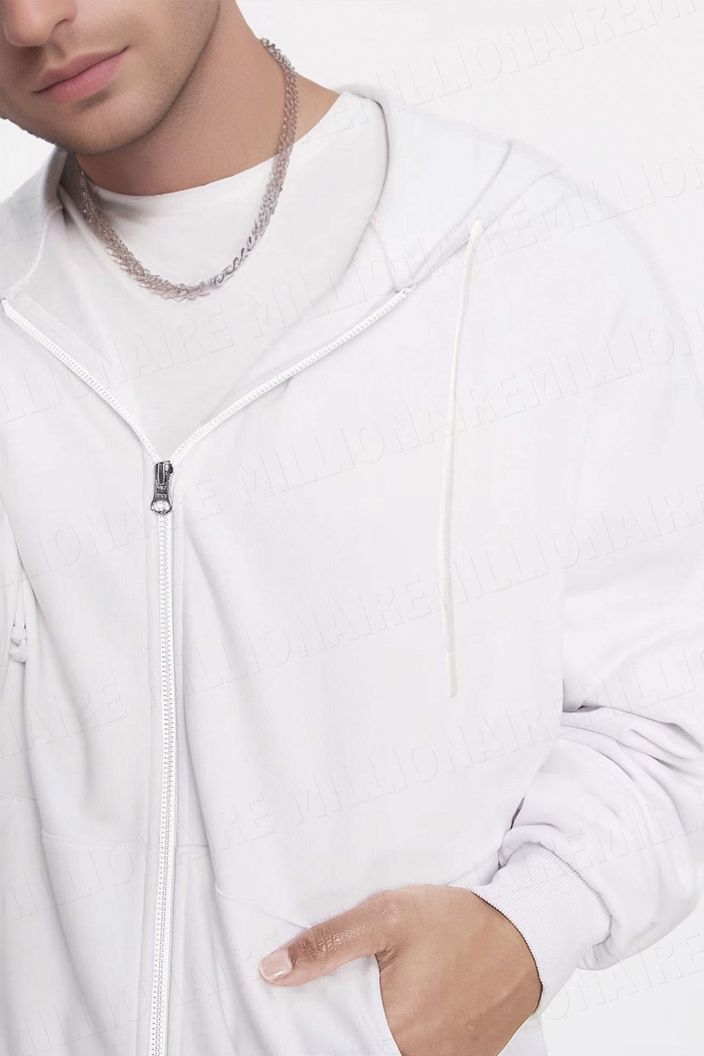 Erkek Beyaz Kapüşonlu Fermuarlı 3 Üç İplik Polar Kanguru Oversize Sweatshirt Zip Up Hoodie (Kopya)