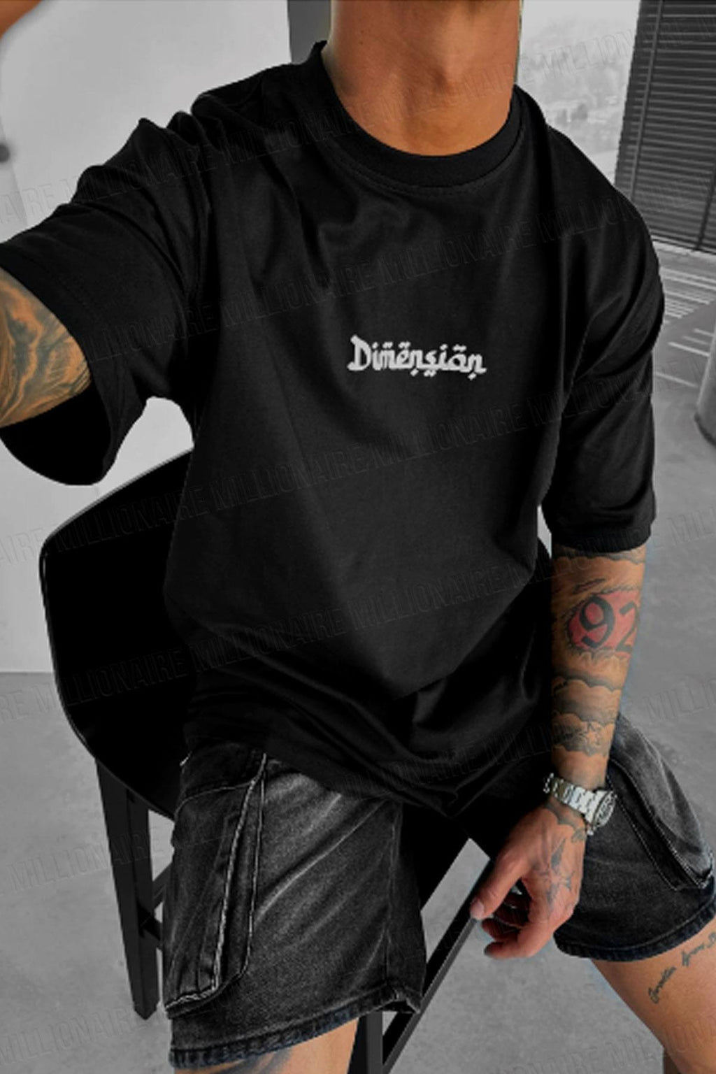 Erkek Dimension Kabaran Baskılı Siyah Bisiklet Yaka Oversize Salaş T-Shirt