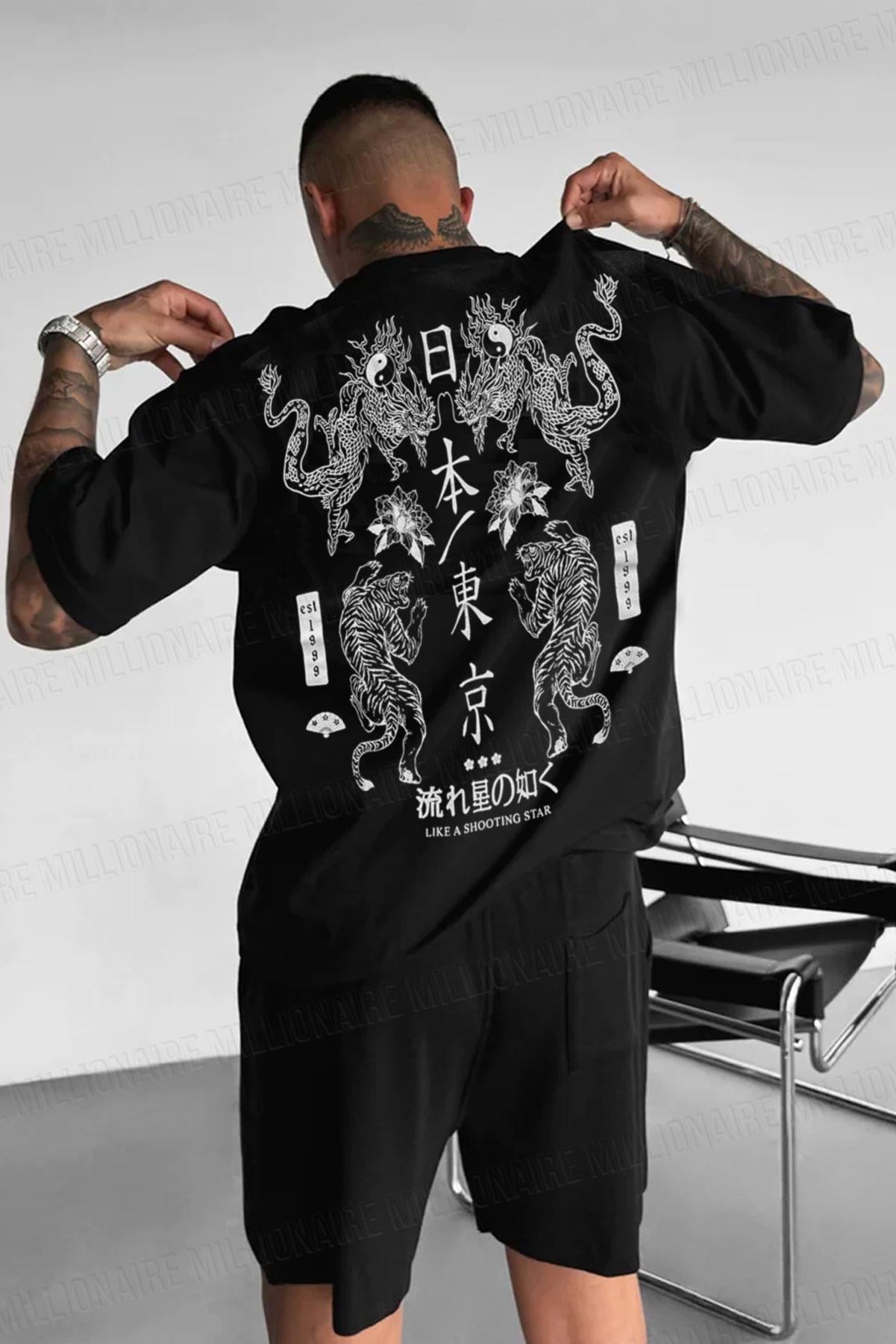Erkek Dragon Baskılı Siyah Bisiklet Yaka Oversize Salaş T-Shirt