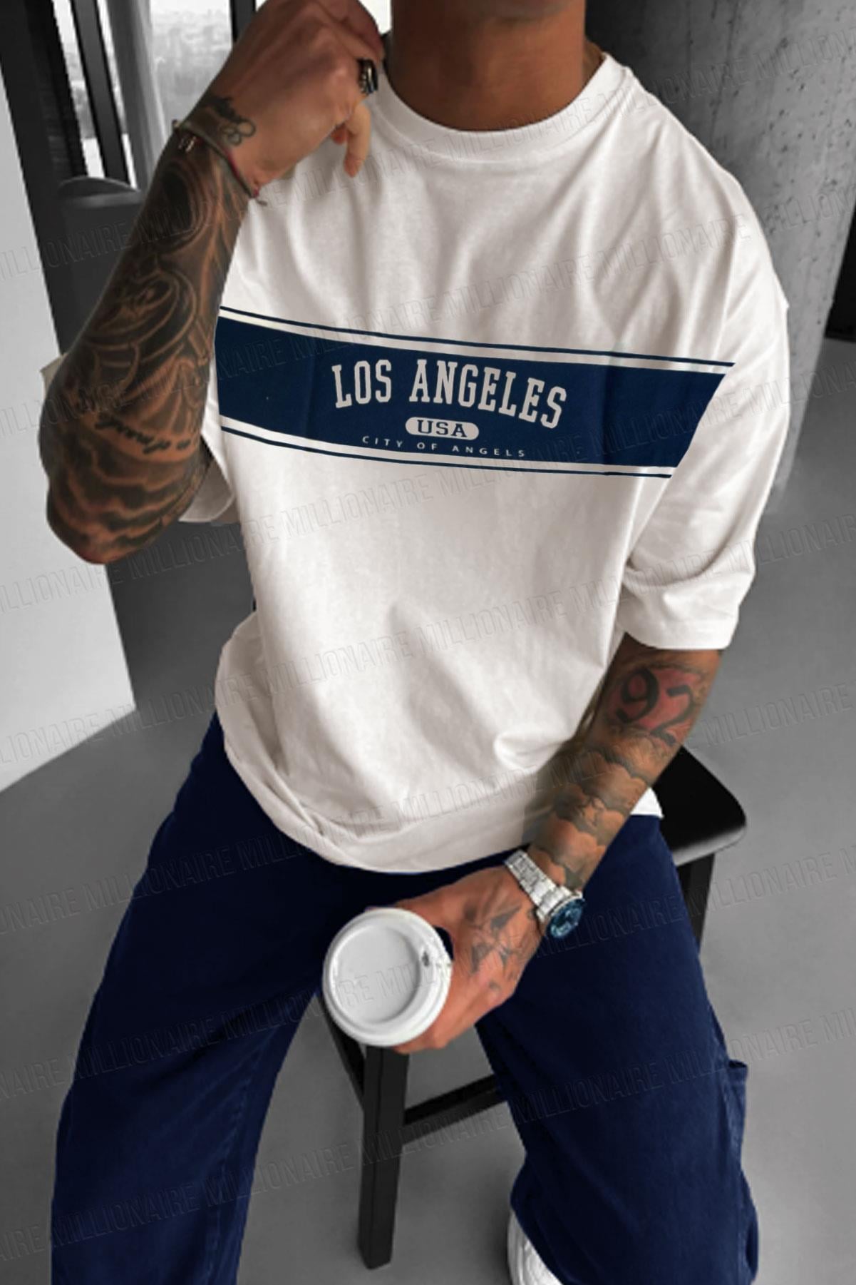 Erkek Beyaz City Of Angels Oversize Fit Bol Geniş Kalıp Salaş Kesim T-shirt