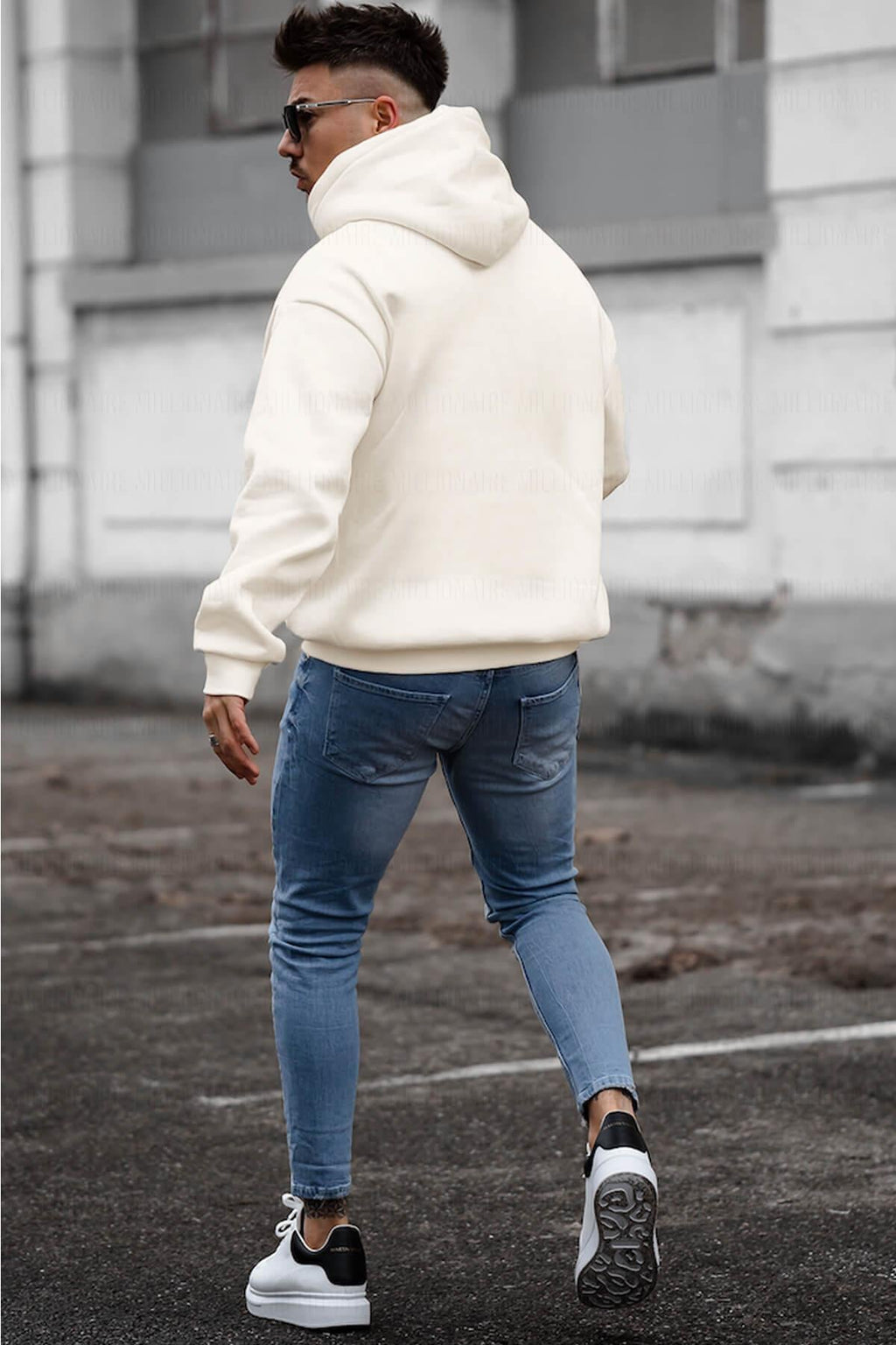 Erkek Kırık Beyaz Krem Ekru Düz Kapüşonlu Oversize 3 Iplik Şardonlu Salaş Bol Kesim Hoodie Sweatshirt
