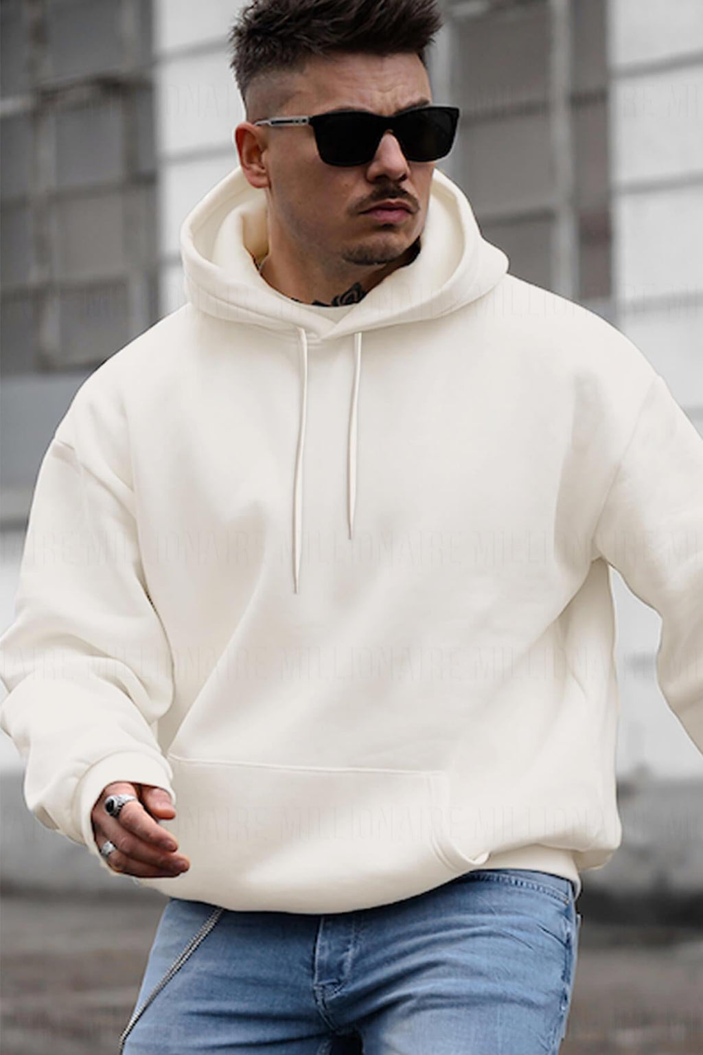 Erkek Kırık Beyaz Krem Ekru Düz Kapüşonlu Oversize 3 Iplik Şardonlu Salaş Bol Kesim Hoodie Sweatshirt