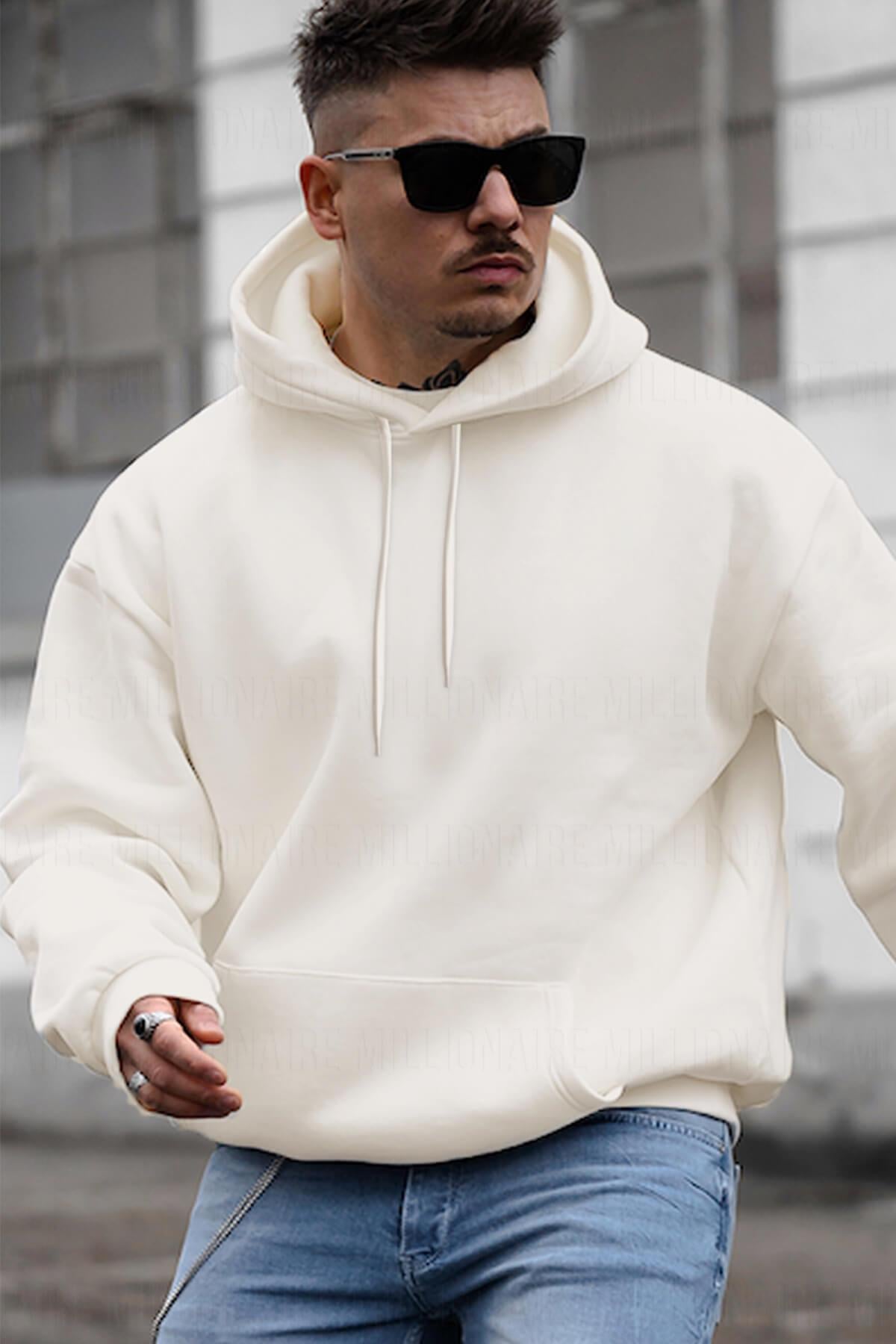 Erkek Kırık Beyaz Krem Ekru Düz Kapüşonlu Oversize 3 Iplik Şardonlu Salaş Bol Kesim Hoodie Sweatshirt