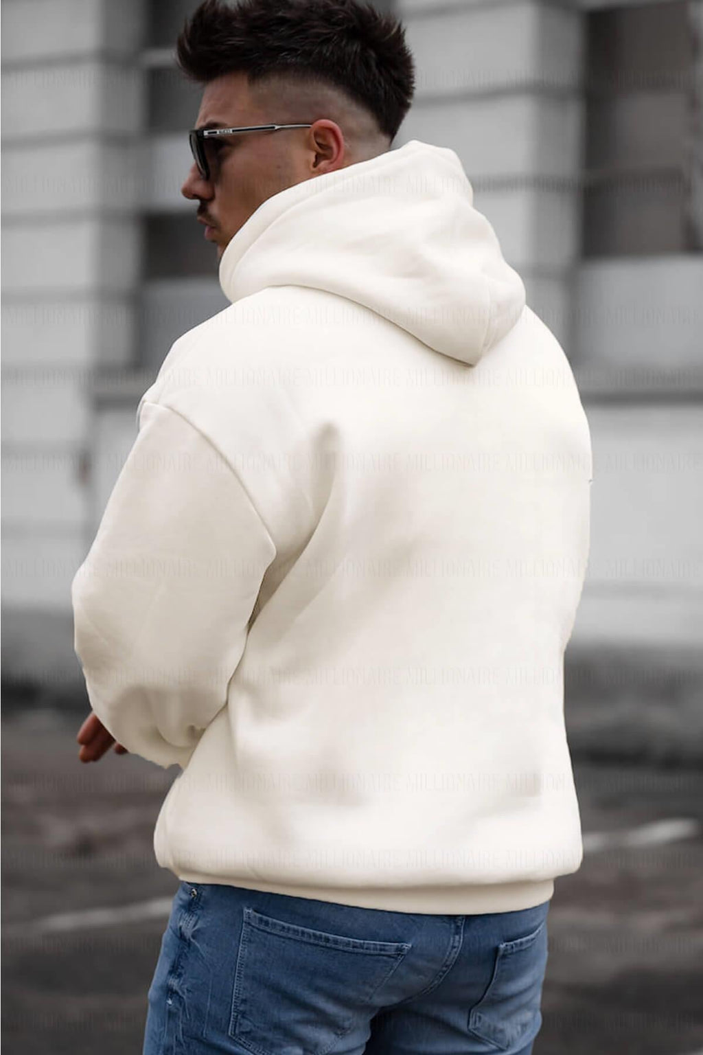 Erkek Kırık Beyaz Krem Ekru Düz Kapüşonlu Oversize 3 Iplik Şardonlu Salaş Bol Kesim Hoodie Sweatshirt
