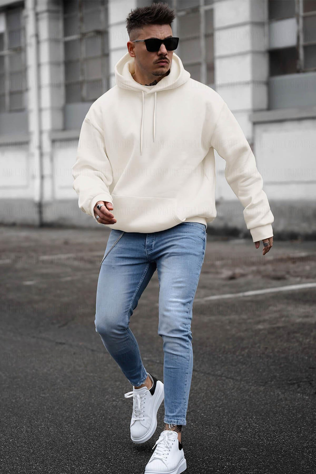 Erkek Kırık Beyaz Krem Ekru Düz Kapüşonlu Oversize 3 Iplik Şardonlu Salaş Bol Kesim Hoodie Sweatshirt