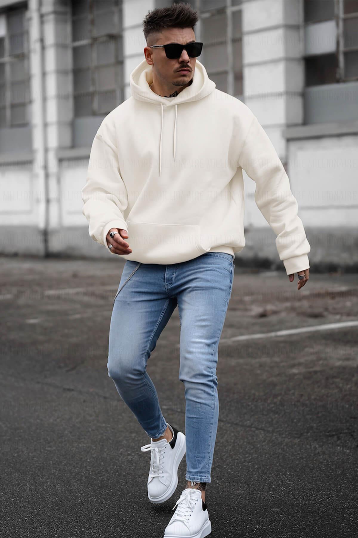 Erkek Kırık Beyaz Krem Ekru Düz Kapüşonlu Oversize 3 Iplik Şardonlu Salaş Bol Kesim Hoodie Sweatshirt