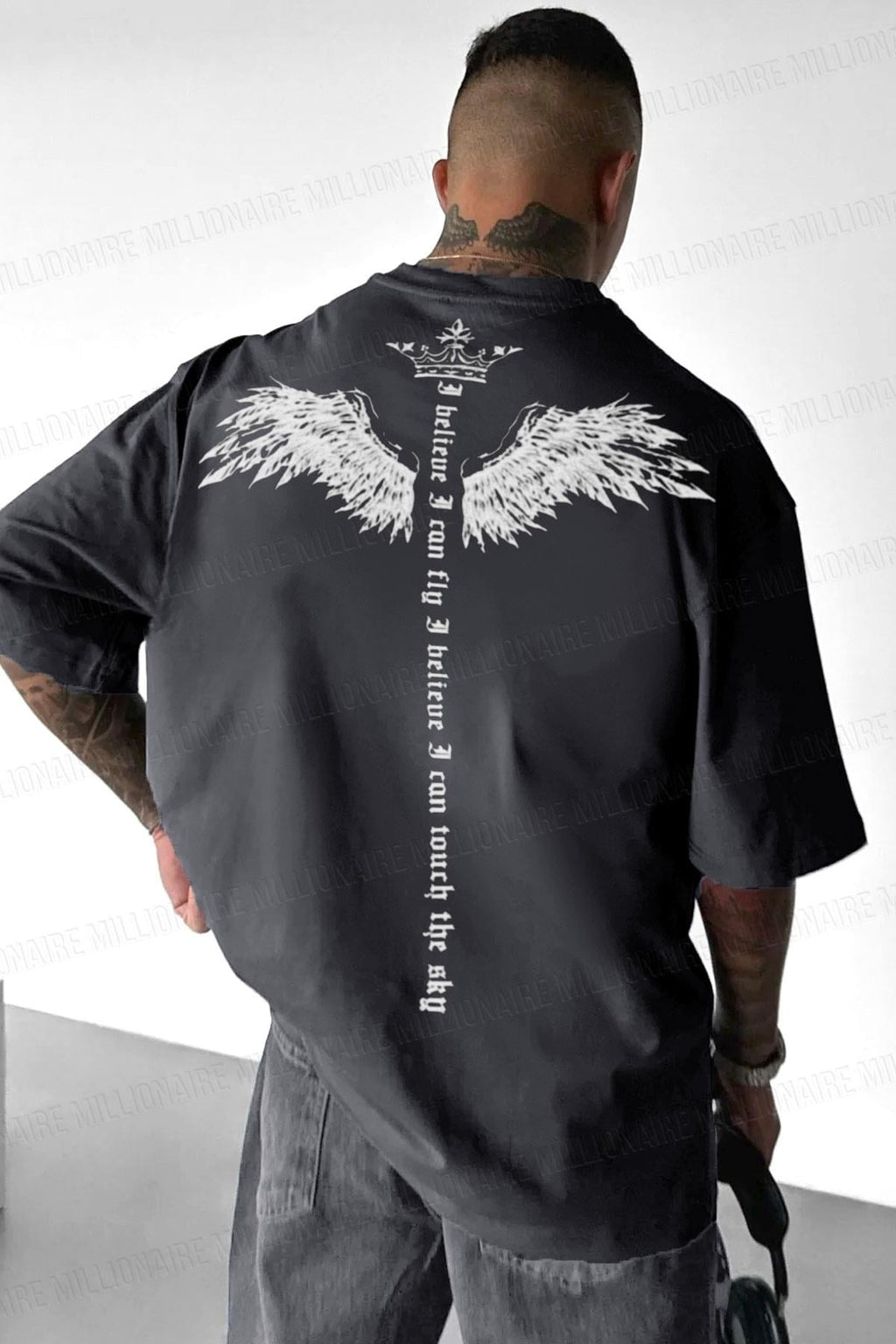 Erkek Füme I Can Fly Oversize Fit Bol Geniş Kalıp Salaş Kesim T-shirt