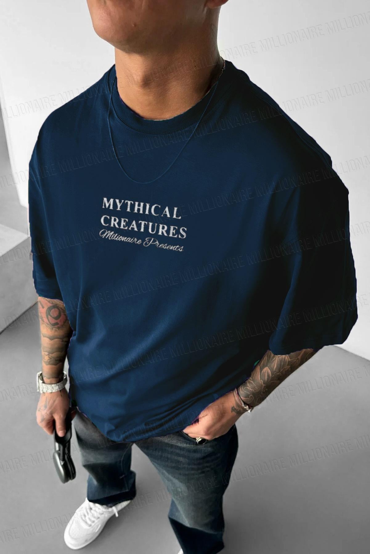 Erkek Mythical Pegasus Baskılı Lacivert Bisiklet Yaka Oversize Salaş T-Shirt