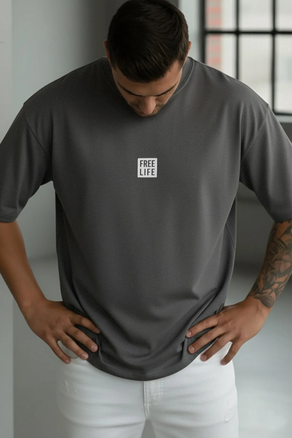 Erkek Free Life Füme Bisiklet Yaka Oversize Salas T-Shirt