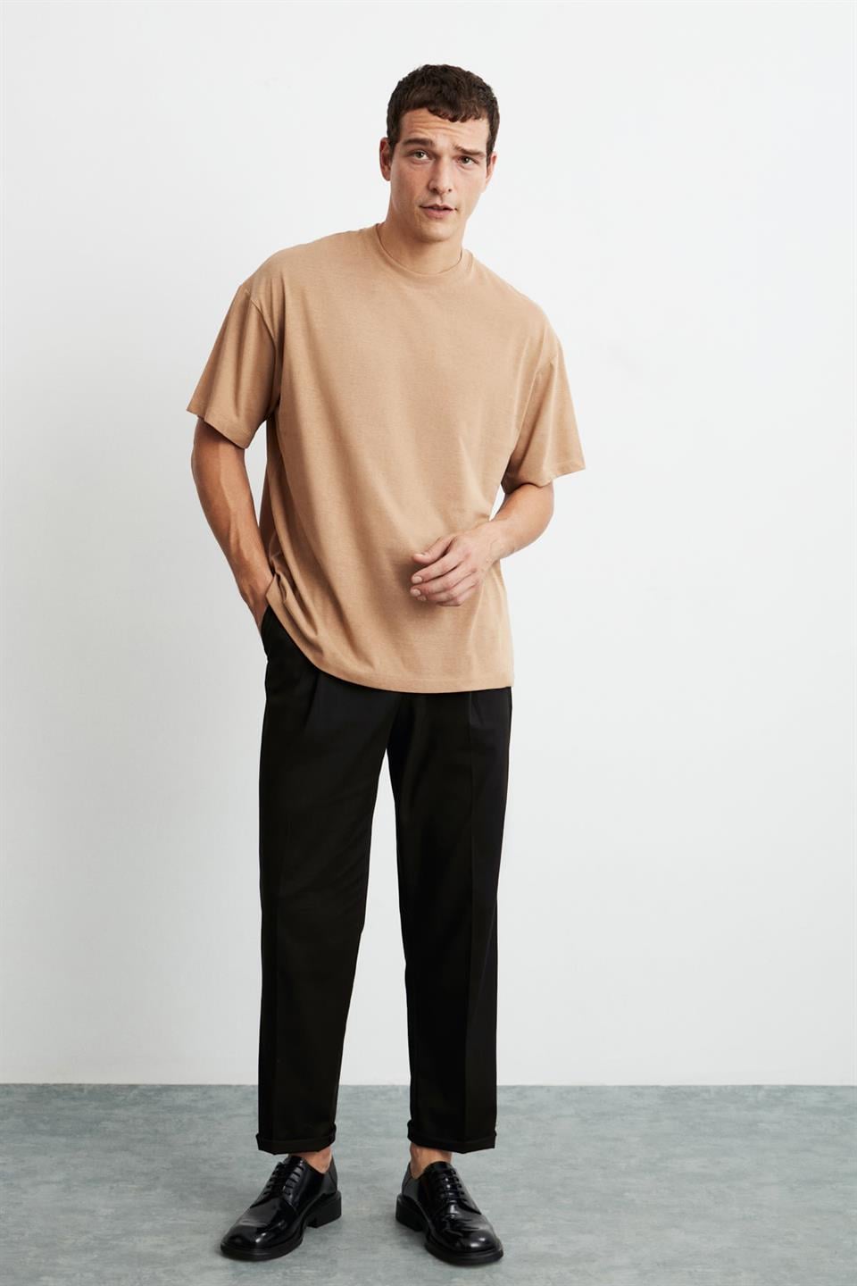 Erkek Oversize %100 Organik Pamuklu Kalın Dokulu Bisiklet Yaka Camel T-Shirt