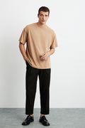 Erkek Oversize %100 Organik Pamuklu Kalın Dokulu Bisiklet Yaka Camel T-Shirt