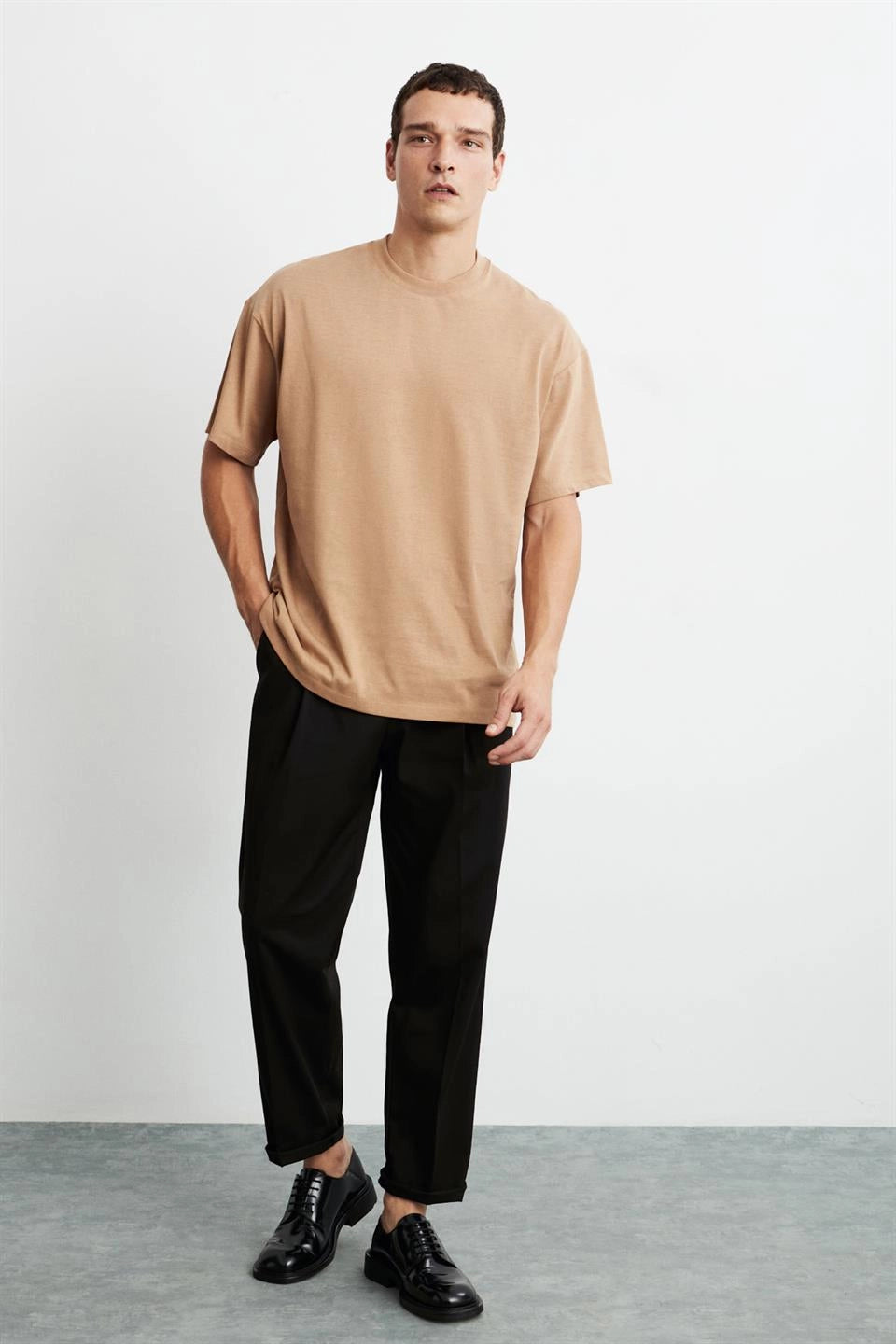 Erkek Oversize %100 Organik Pamuklu Kalın Dokulu Bisiklet Yaka Camel T-Shirt