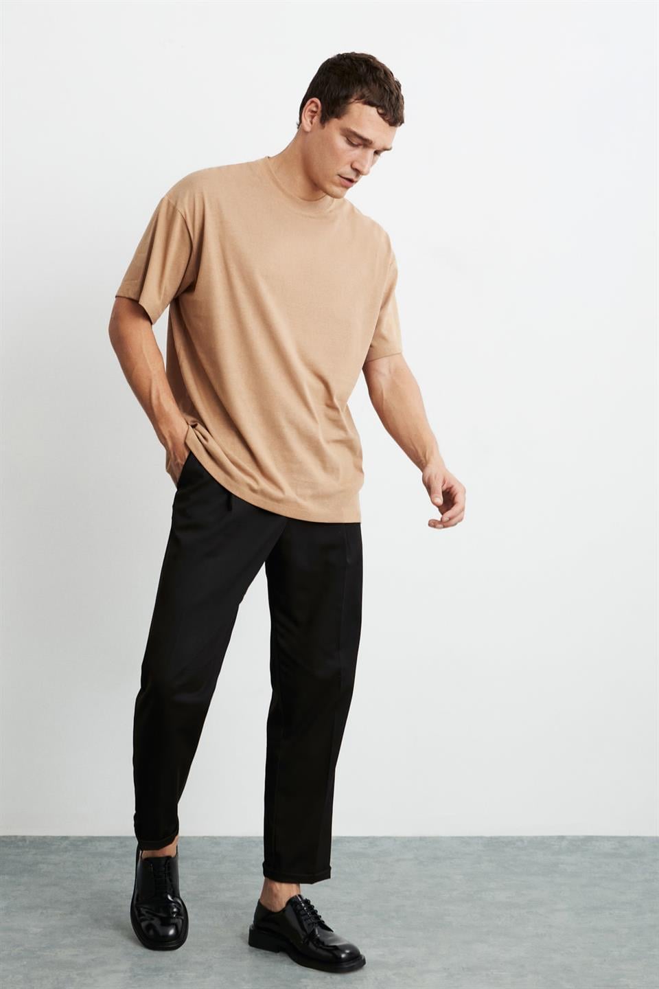 Erkek Oversize %100 Organik Pamuklu Kalın Dokulu Bisiklet Yaka Camel T-Shirt