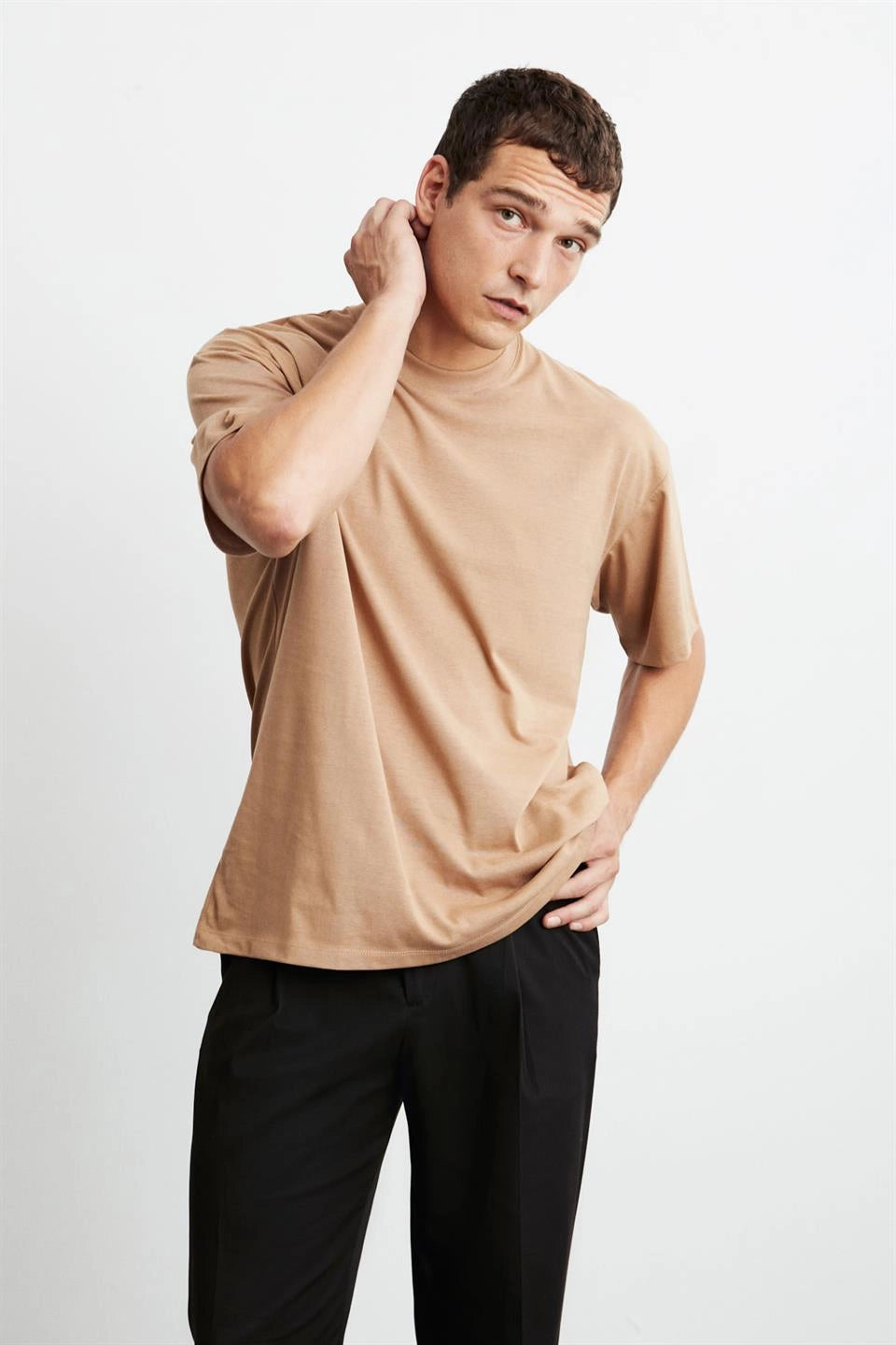 Erkek Oversize %100 Organik Pamuklu Kalın Dokulu Bisiklet Yaka Camel T-Shirt