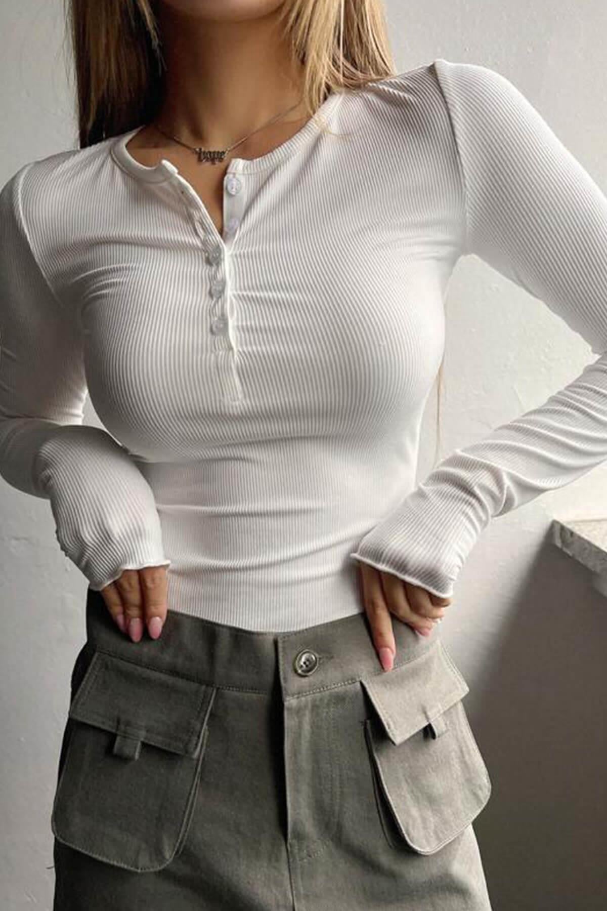 Beyaz Düğme Detaylı Patlı Düğmeli Bisiklet Yaka Uzun Kollu Fitilli Kaşkorse Bluz Body
