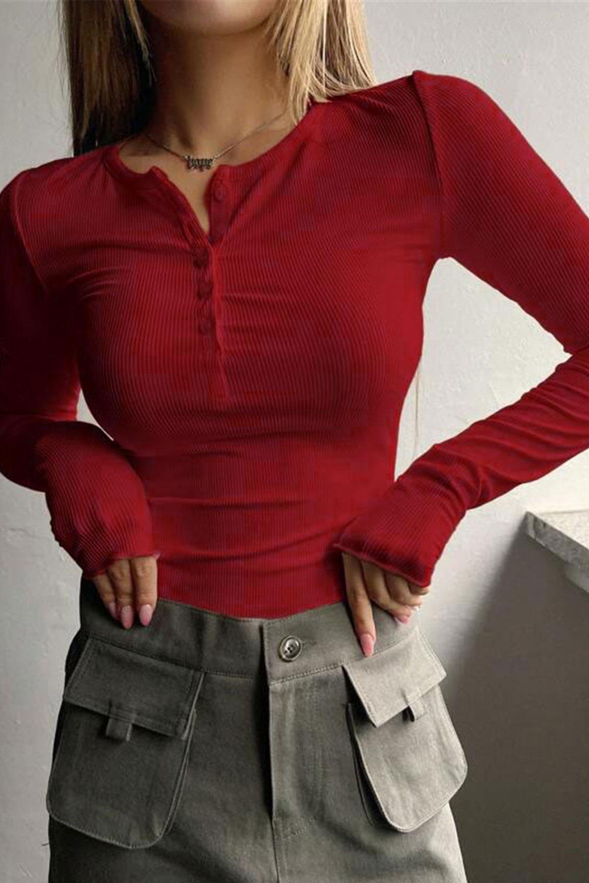 Düğme Detaylı Patlı Düğmeli Bisiklet Yaka Uzun Kollu Fitilli Kaşkorse Kadın Bluz Body Kırmızı
