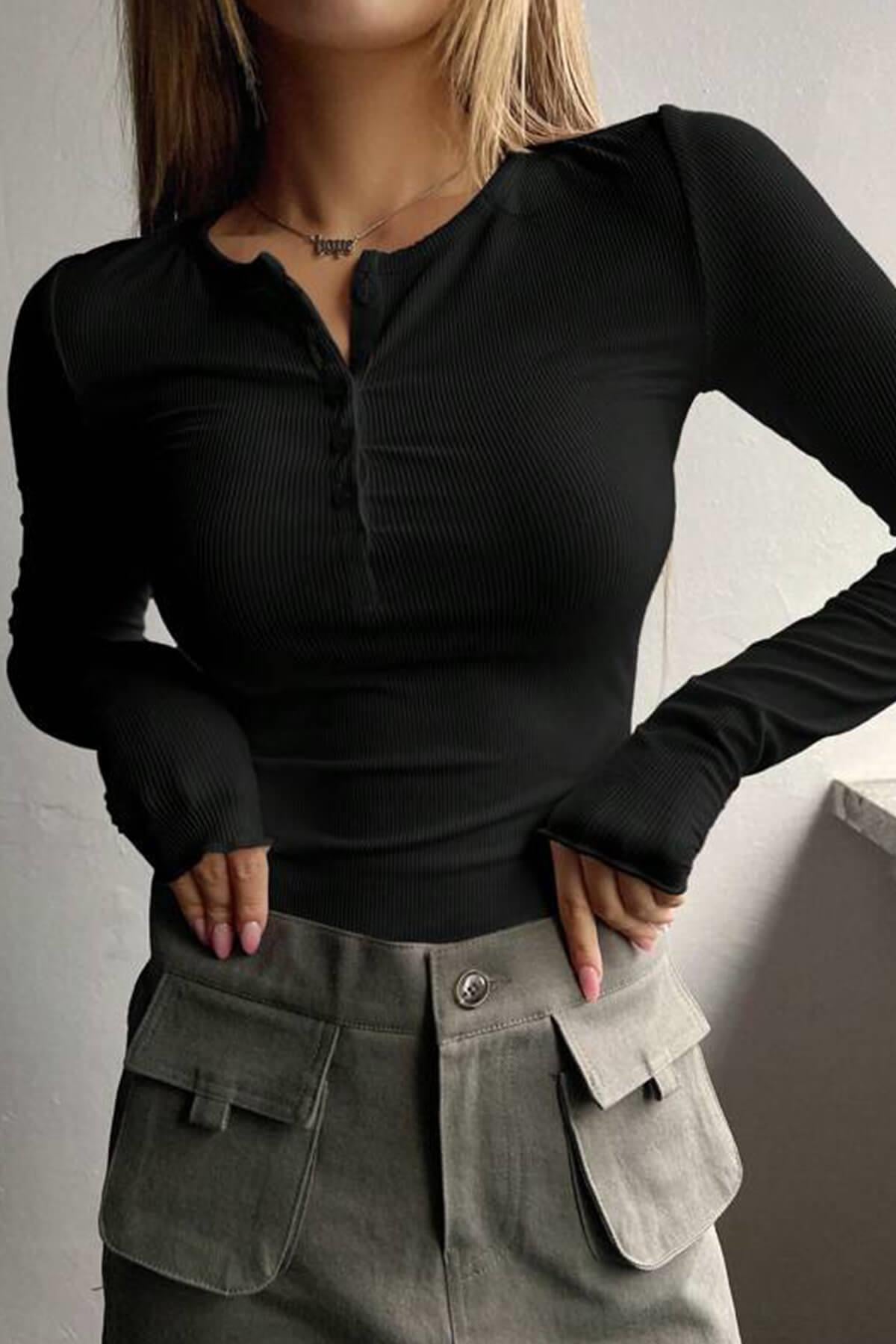 Düğme Detaylı Patlı Düğmeli Bisiklet Yaka Uzun Kollu Fitilli Kaşkorse Kadın Bluz Body Siyah