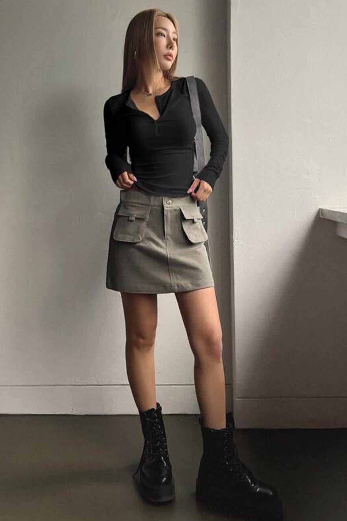 Düğme Detaylı Patlı Düğmeli Bisiklet Yaka Uzun Kollu Fitilli Kaşkorse Kadın Bluz Body Siyah