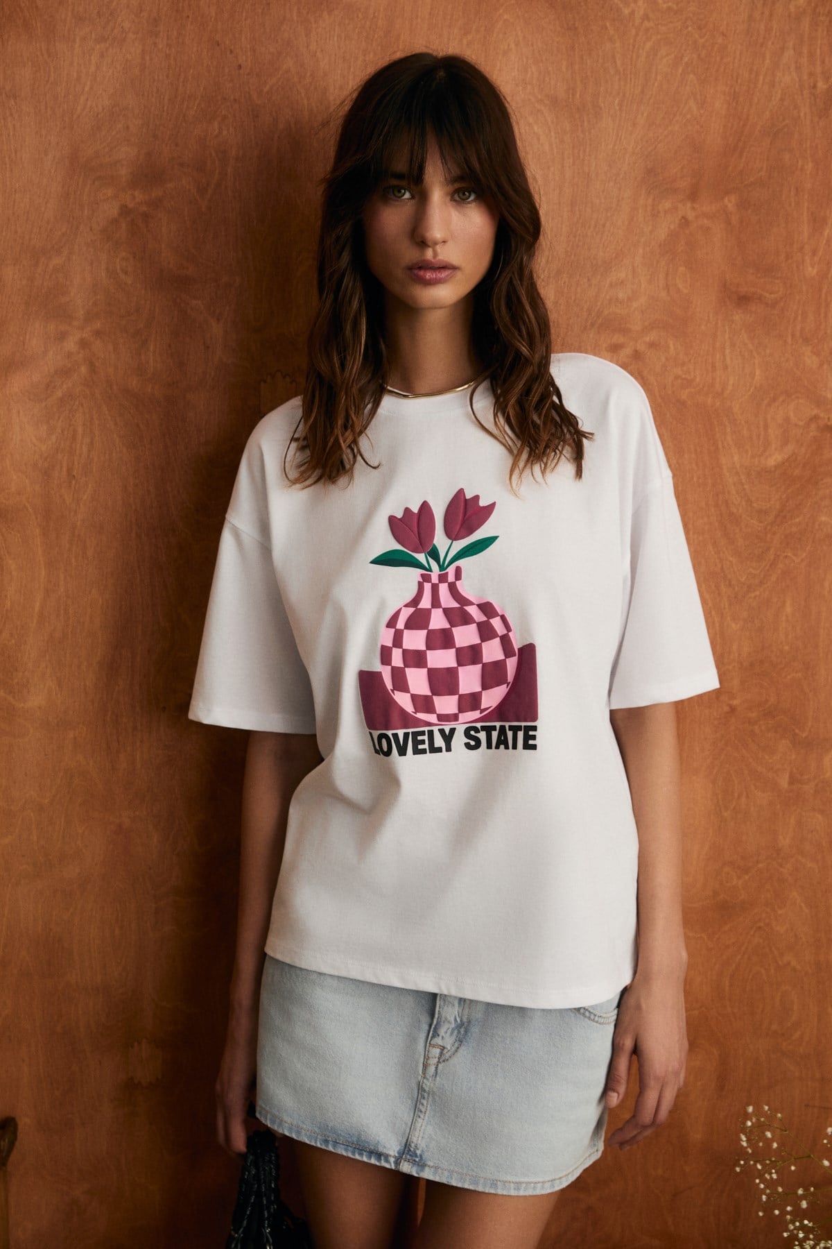 Kadın Lovely State Baskılı Yumuşak Kumaşlı %100 Pamuklu Regular Beyaz T-Shirt