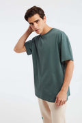 Erkek Oversize %100 Organik Pamuklu Kalın Dokulu Bisiklet Yaka Koyu Yeşil T-Shirt