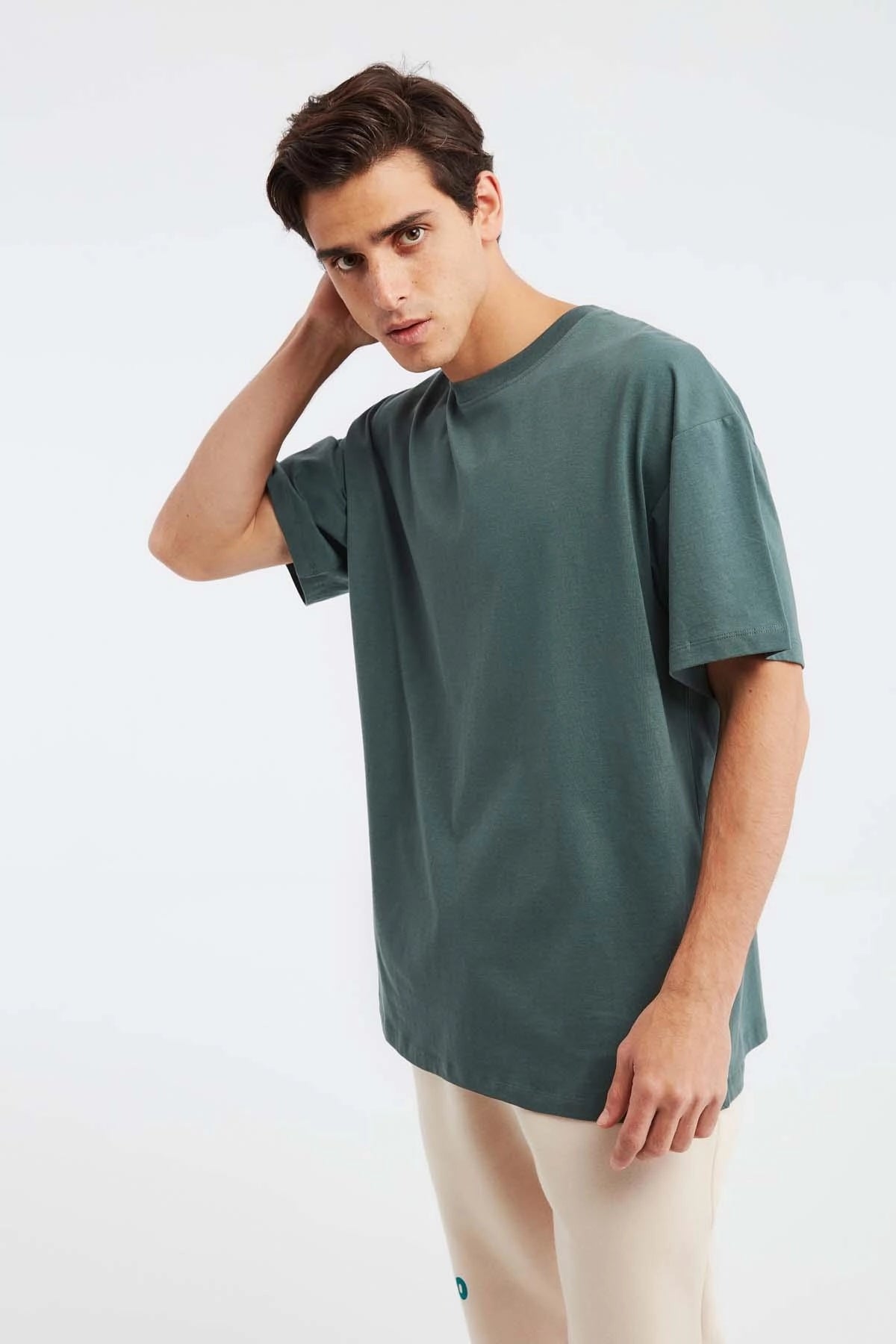 Erkek Oversize %100 Organik Pamuklu Kalın Dokulu Bisiklet Yaka Koyu Yeşil T-Shirt