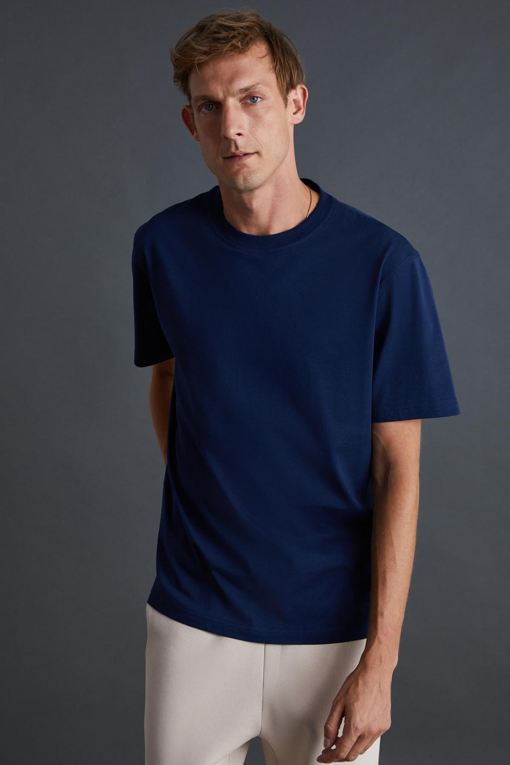 Erkek %100 Organik Pamuklu Kalın Dokulu Comfort Fit Bisiklet Yakalı Lacivert T-Shirt