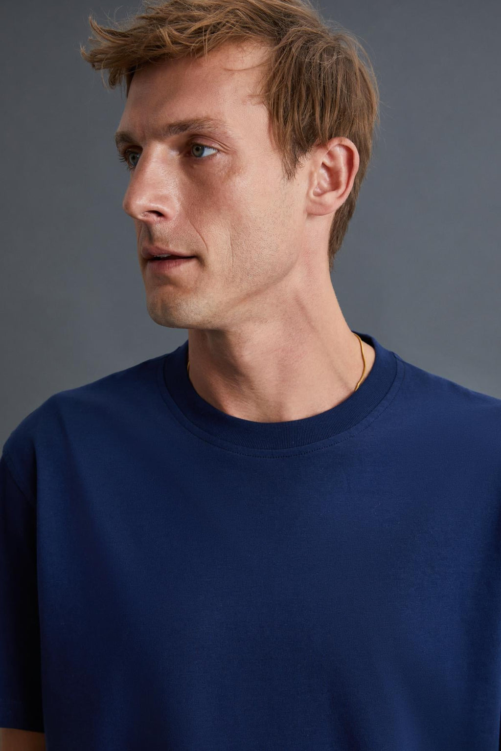 Erkek %100 Organik Pamuklu Kalın Dokulu Comfort Fit Bisiklet Yakalı Lacivert T-Shirt