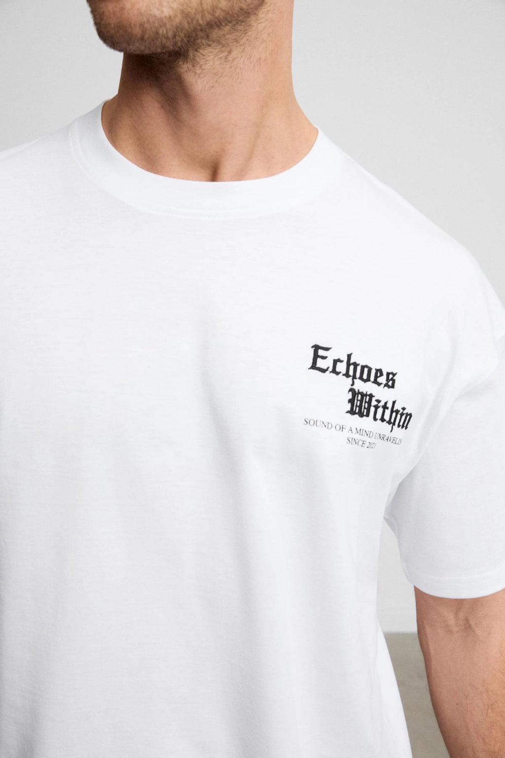 Erkek Organik Pamuklu Bisiklet Yakalı Nakış Ve Baskı Detaylı Oversıze Fit Beyaz T-Shirt