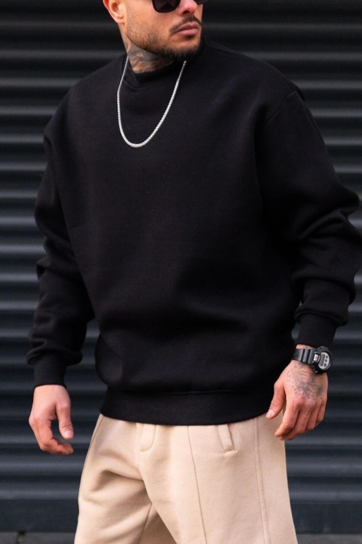 Erkek Düz Siyah Basic Baskısız Sıfır Bisiklet Yaka Oversize Salaş Sweatshirt Sweat