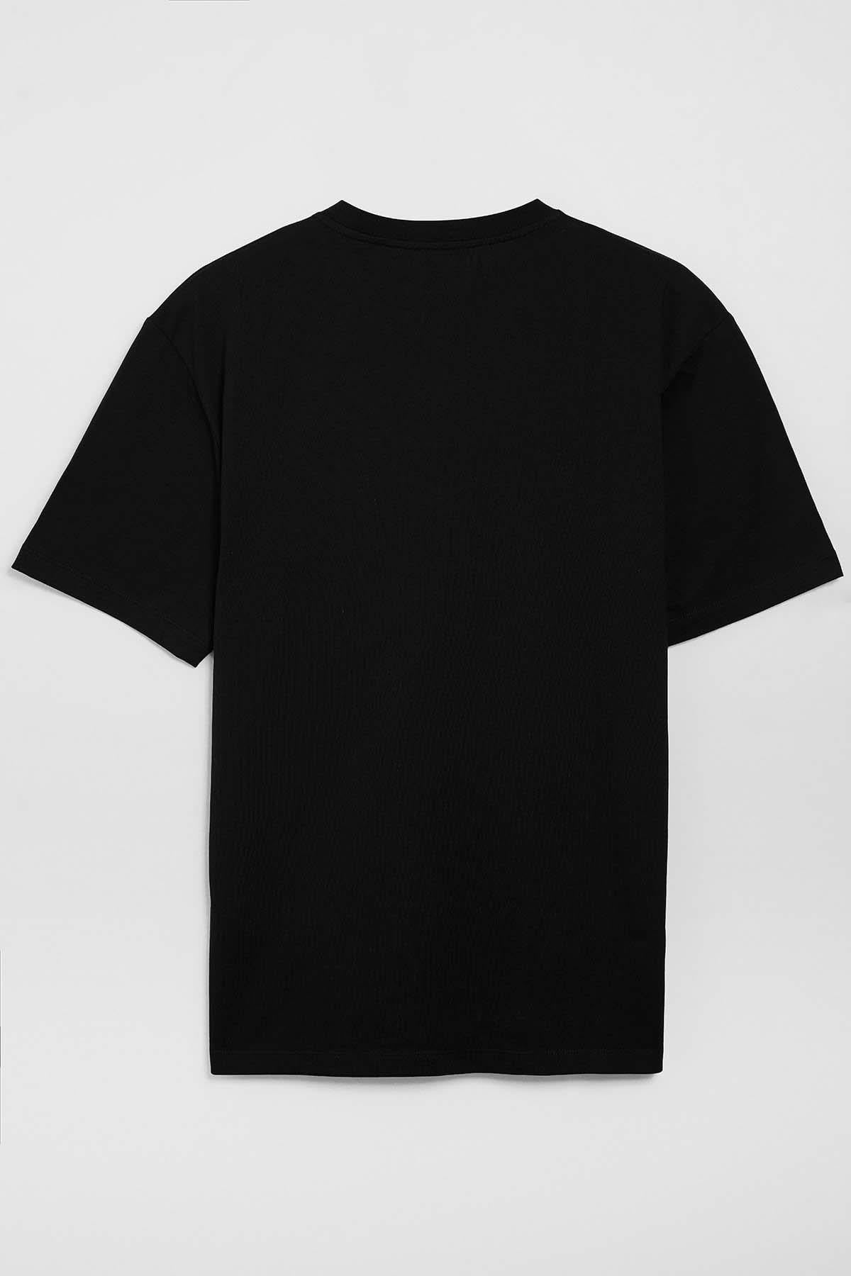 Erkek %100 Organik Pamuklu Kalın Dokulu Comfort Fit Bisiklet Yakalı Siyah T-shirt