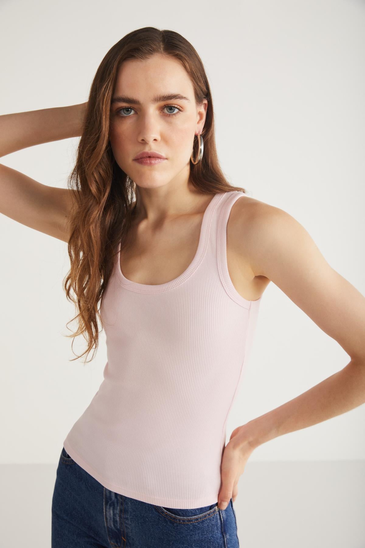 Fitilli Görünümlü Kalın Askılı Basic Bluz Atlet Pembe