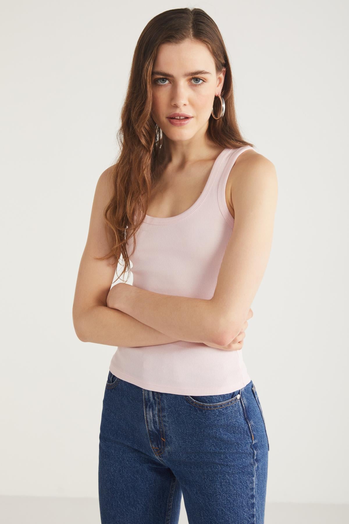 Fitilli Görünümlü Kalın Askılı Basic Bluz Atlet Pembe