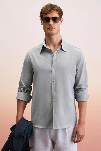 100% Cotton Slim Fit Button-Down Collar Linen-Look Slub Grey Shirt