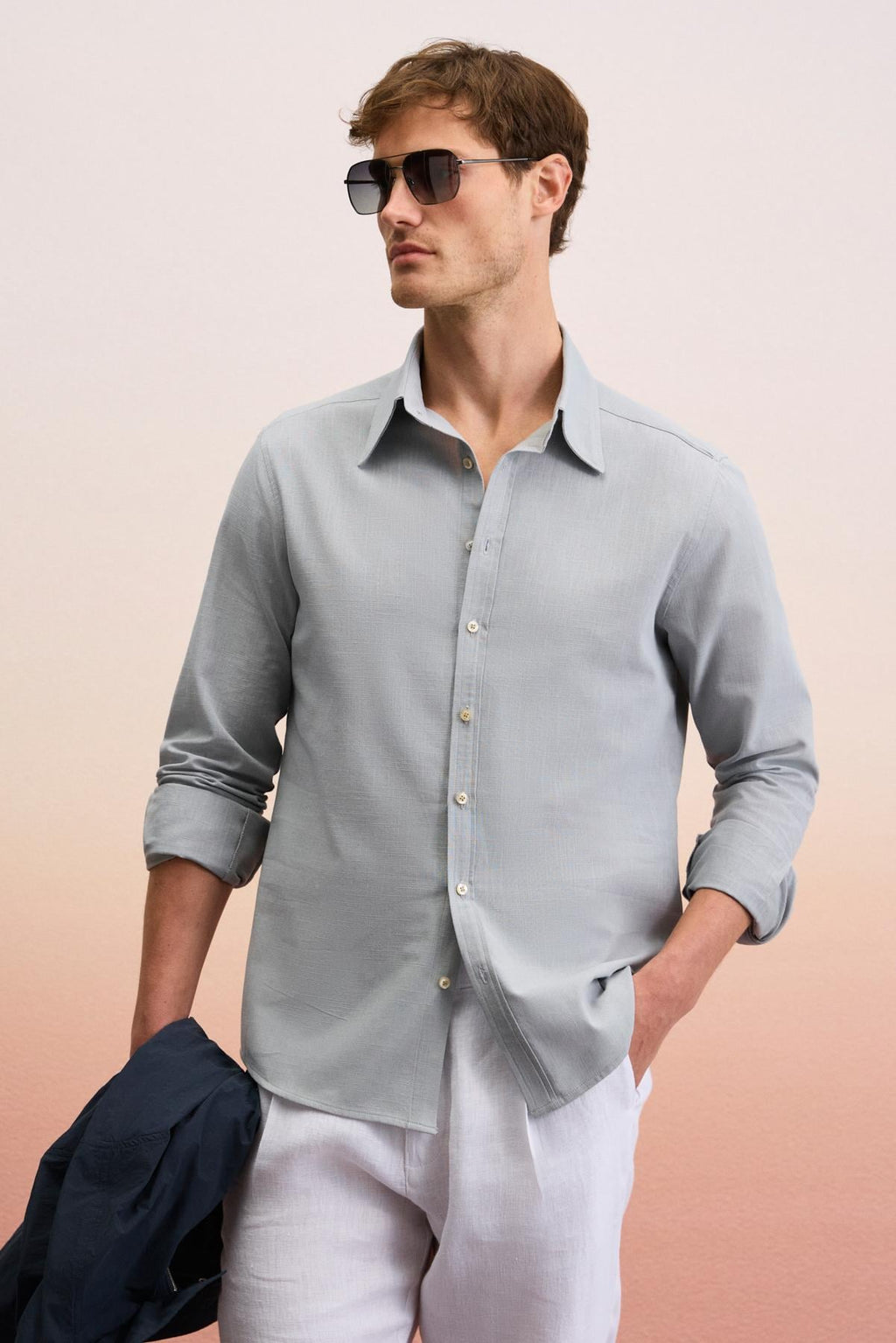 %100 Pamuk Slim Fit Dar Kesim Düğmeli Yaka Keten Görünümlü Flamlı Gri Gömlek