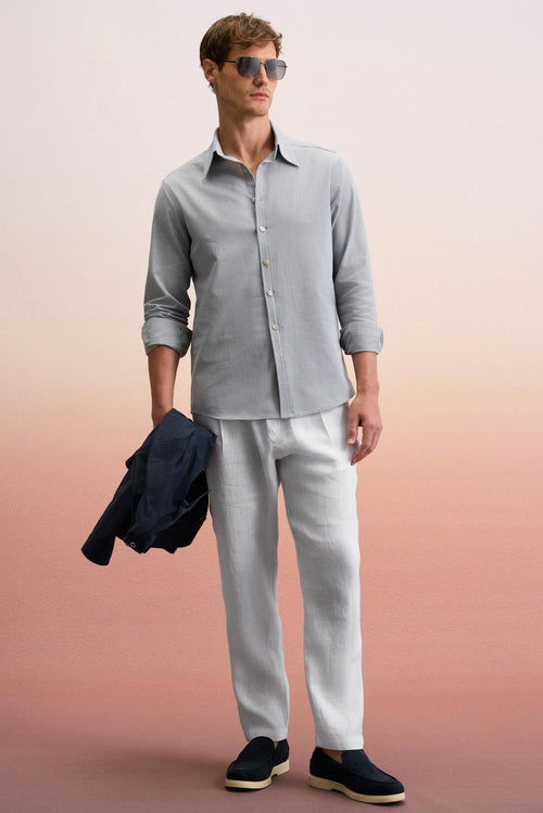 %100 Pamuk Slim Fit Dar Kesim Düğmeli Yaka Keten Görünümlü Flamlı Gri Gömlek