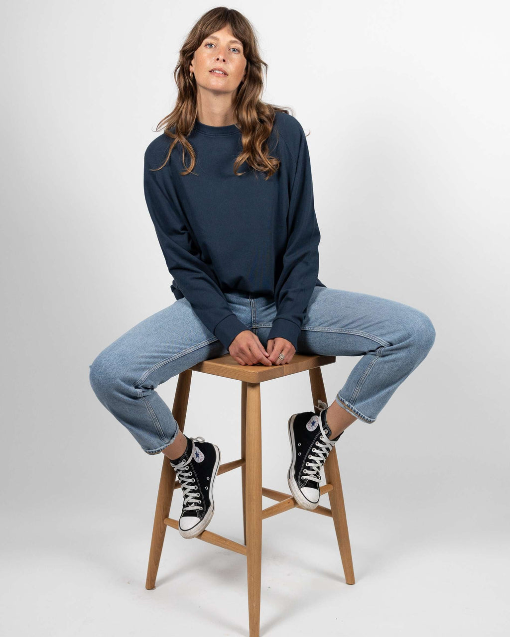Kadın Lacivert Basic 0 Sıfır Yaka Baskısız Düz Oversize Salaş Bol Kesim Polar Sweatshirt