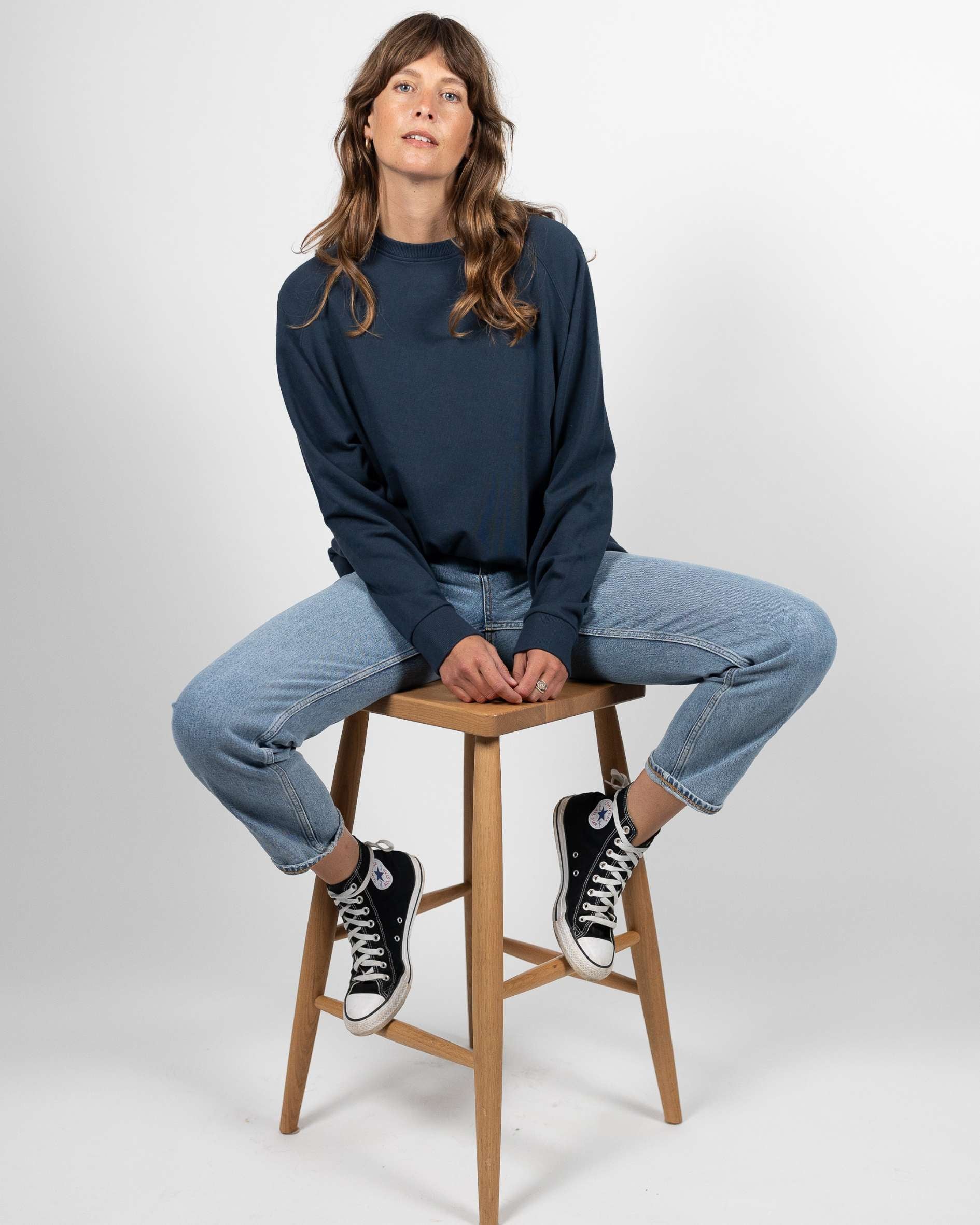 Kadın Lacivert Basic 0 Sıfır Yaka Baskısız Düz Oversize Salaş Bol Kesim Polar Sweatshirt