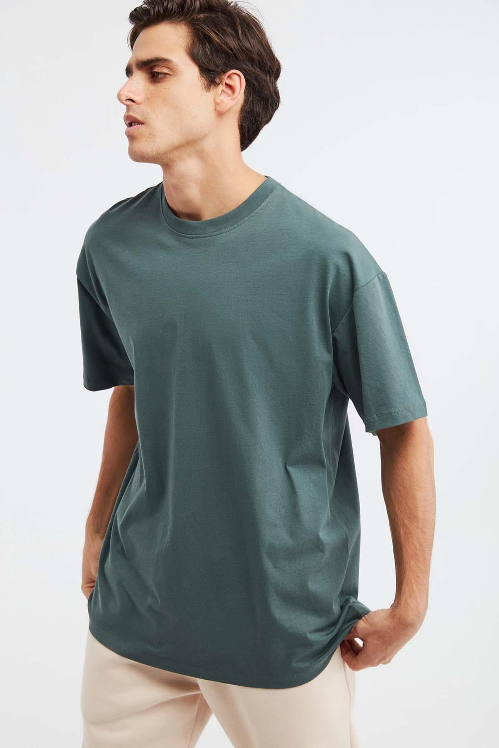Erkek Oversize %100 Organik Pamuklu Kalın Dokulu Bisiklet Yaka Koyu Yeşil T-Shirt