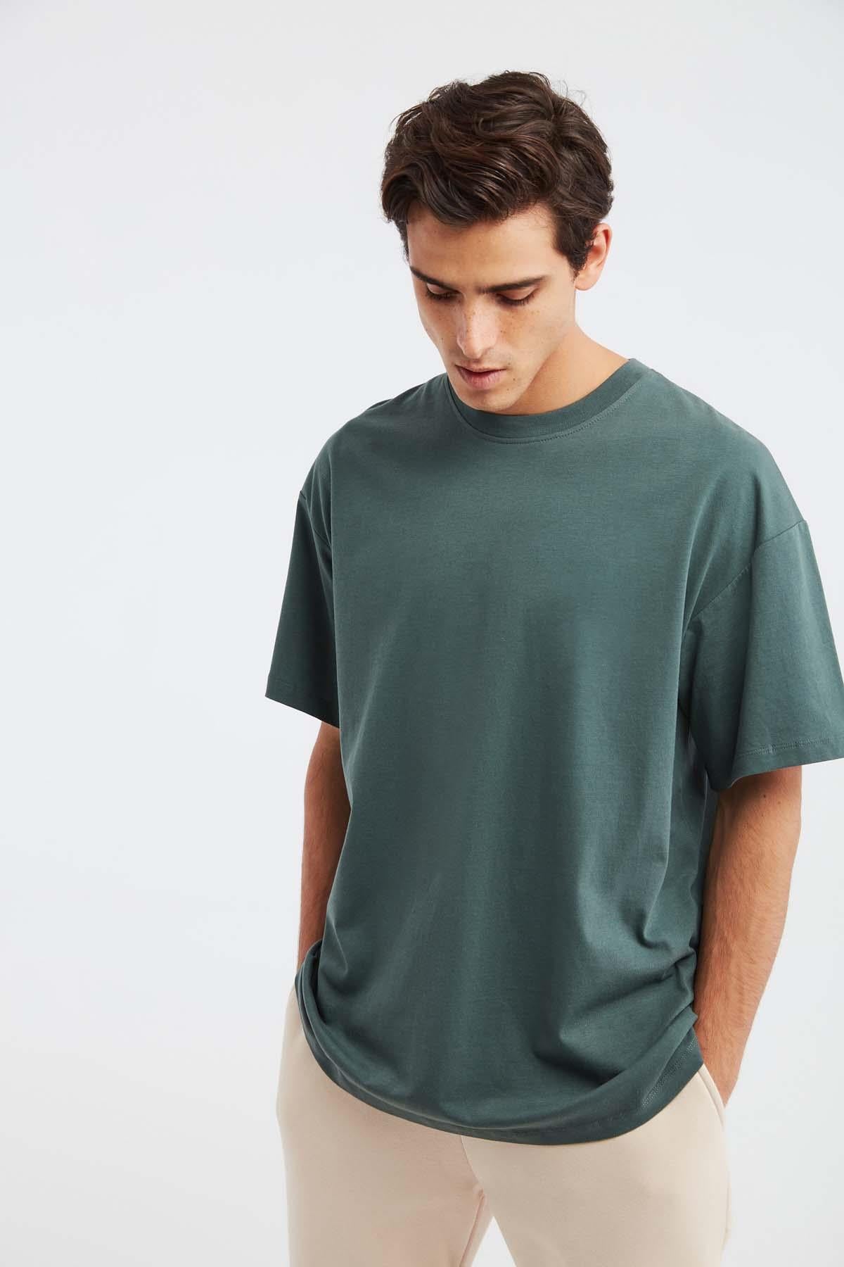 Erkek Oversize %100 Organik Pamuklu Kalın Dokulu Bisiklet Yaka Koyu Yeşil T-Shirt