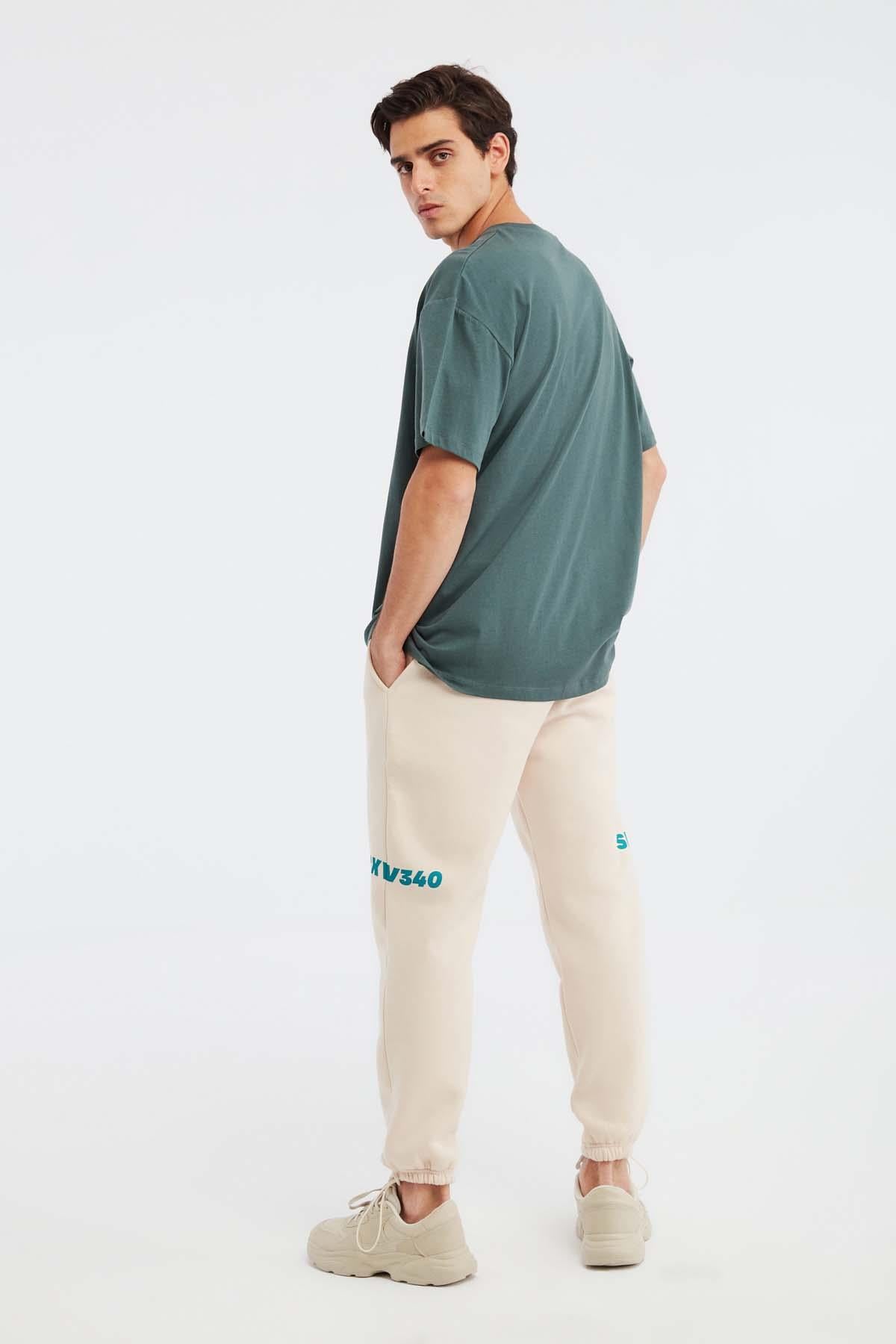 Erkek Oversize %100 Organik Pamuklu Kalın Dokulu Bisiklet Yaka Koyu Yeşil T-Shirt