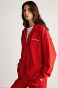 Kadın Kırmızı Oversize Organik Pamuklu Metal Fermuarlı Kapüşonlu Sweatshirt