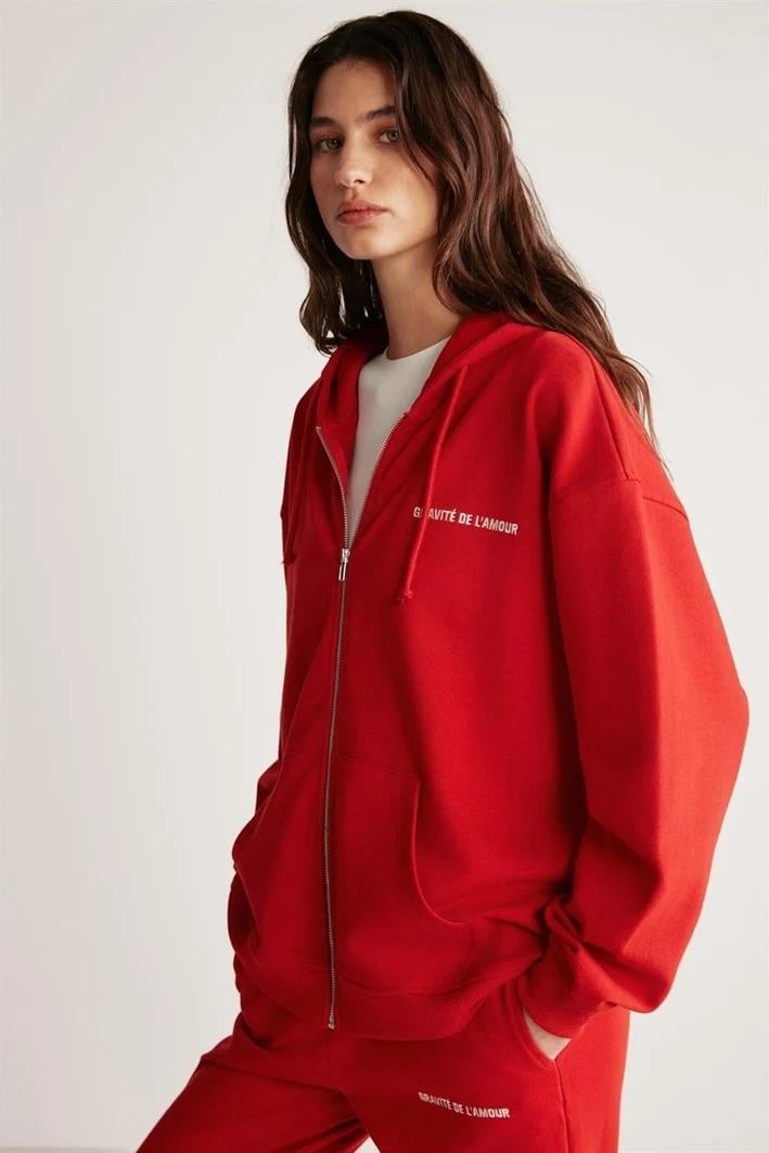 Kadın Kırmızı Oversize Organik Pamuklu Metal Fermuarlı Kapüşonlu Sweatshirt