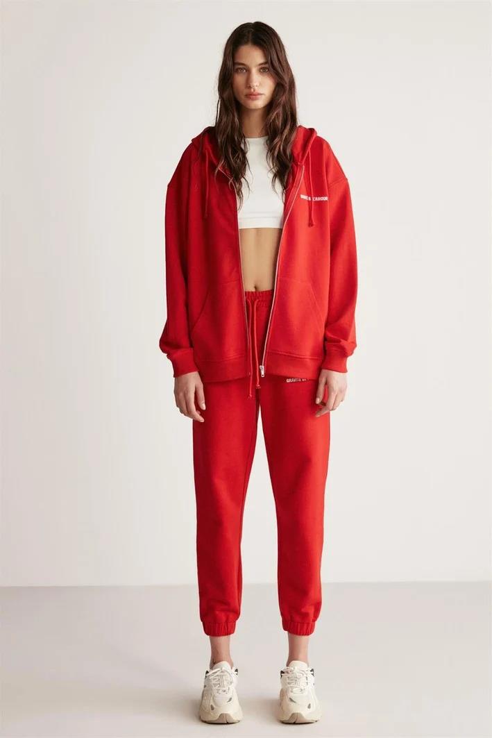 Kadın Kırmızı Oversize Organik Pamuklu Metal Fermuarlı Kapüşonlu Sweatshirt