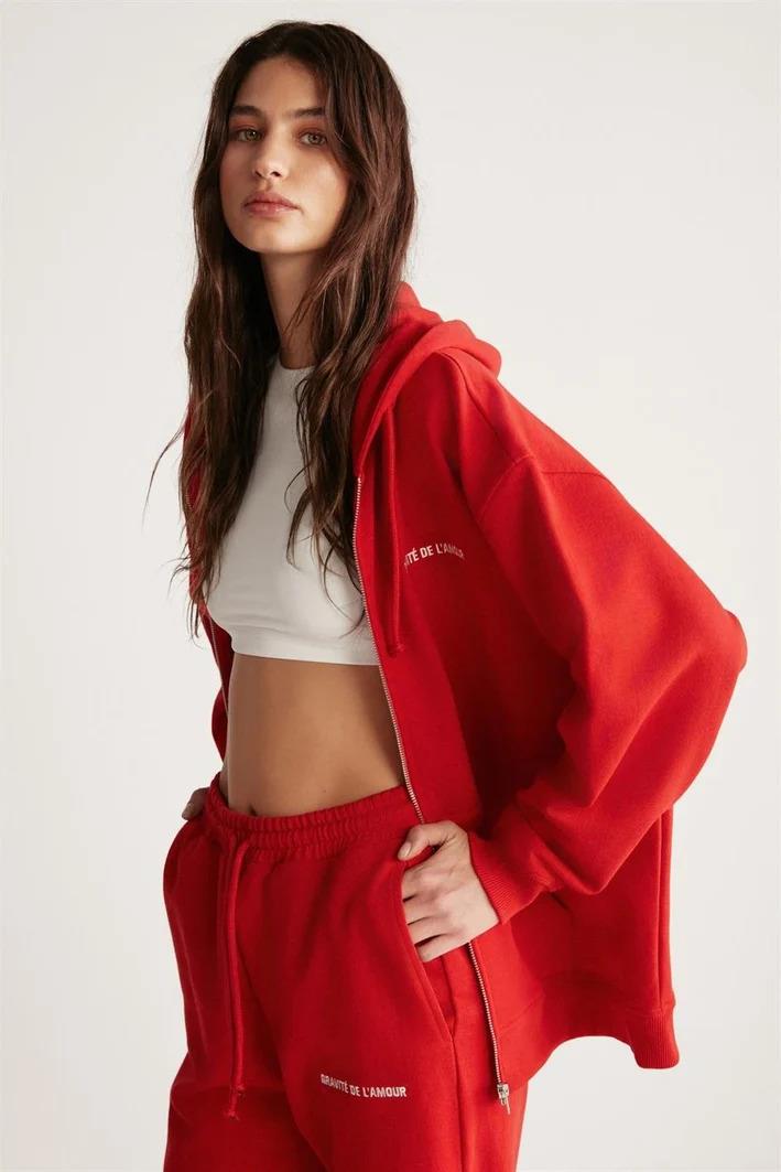 Kadın Kırmızı Oversize Organik Pamuklu Metal Fermuarlı Kapüşonlu Sweatshirt