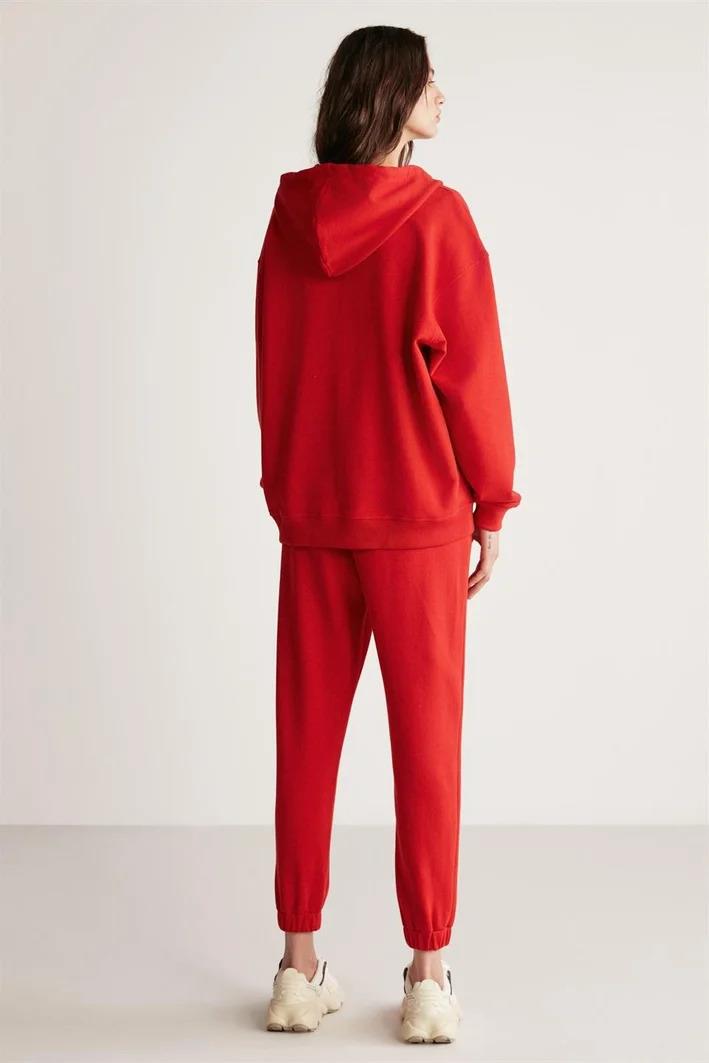Kadın Kırmızı Oversize Organik Pamuklu Metal Fermuarlı Kapüşonlu Sweatshirt