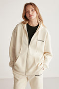 Kadın Ekru Oversize Organik Pamuklu Metal Fermuarlı Kapüşonlu Sweatshirt